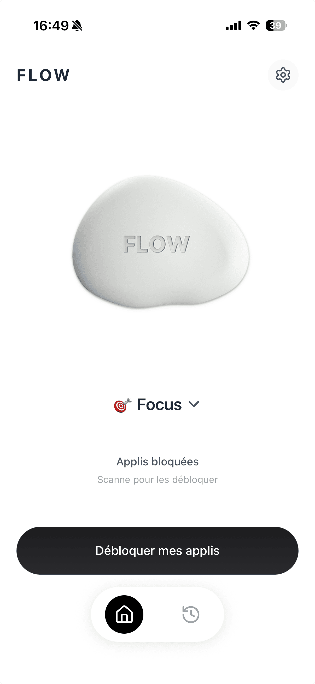 Flow app home screen with the pebble and the “Unblock my apps” button