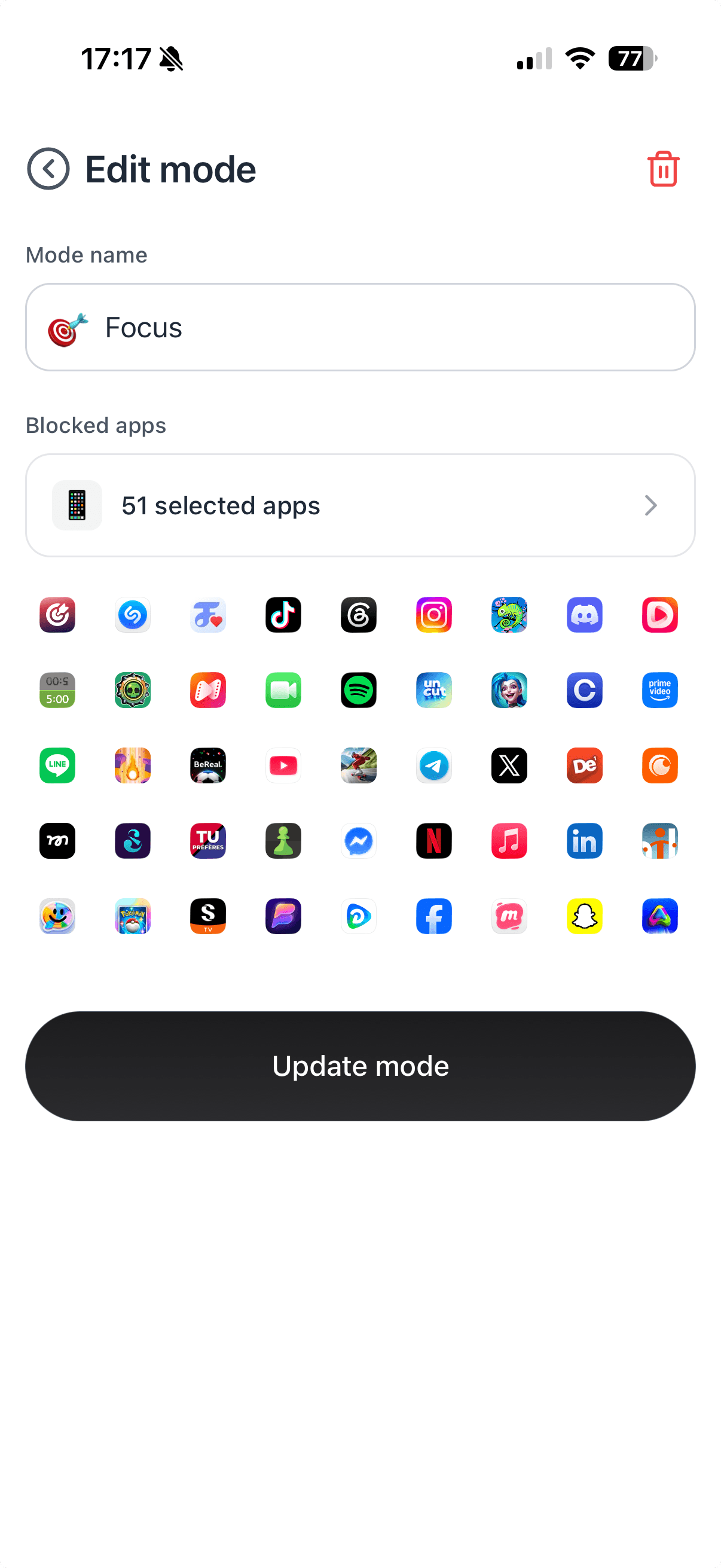 Écran de l'app Flow : sélection des applications à bloquer.