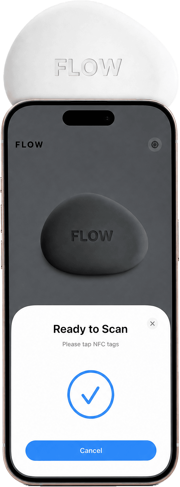 A hand holding an iPhone up to the Flow pebble to scan and unlock apps.